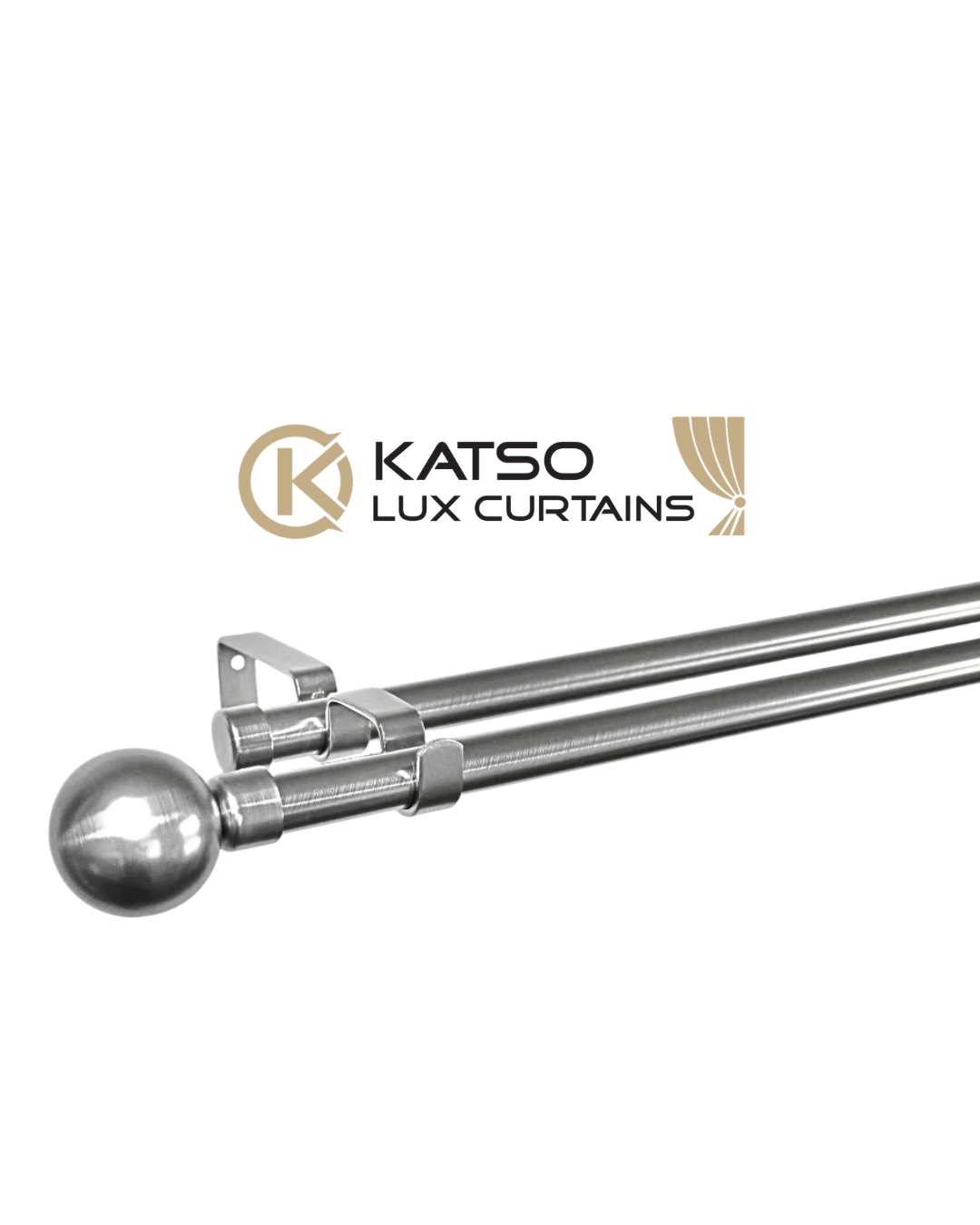 Double Manual Curtain Rod Set With Ball Finials, Brushed Silver
