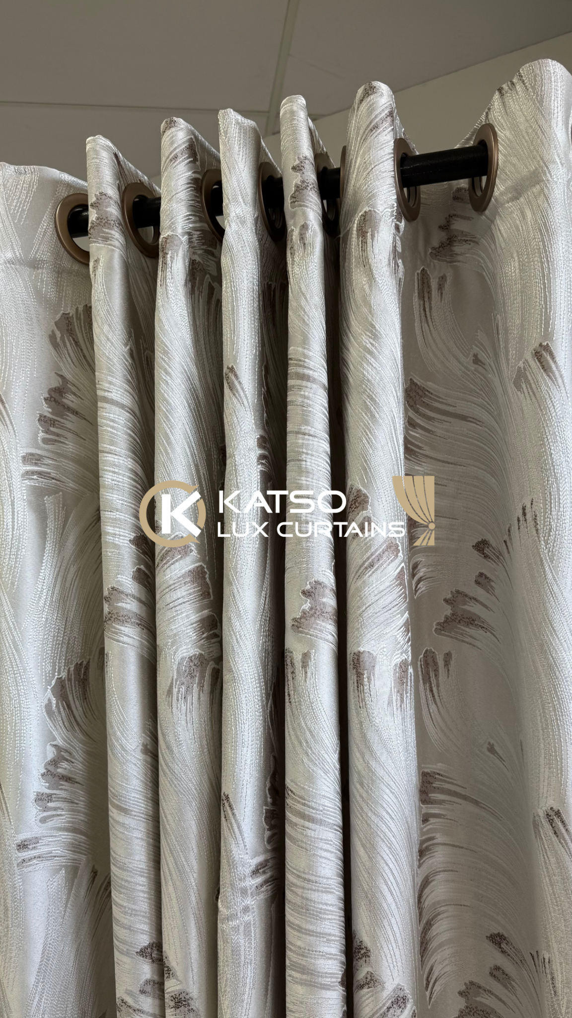 Vuyo Made-to-Measure Curtain, Ivory with Taupe-Silver Pattern | Eyelet, Taped or Wave