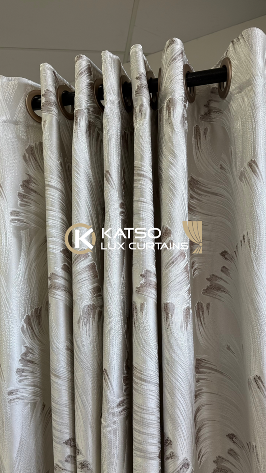 Vuyo Made-to-Measure Curtain, Ivory with Taupe-Silver Pattern | Eyelet, Taped or Wave