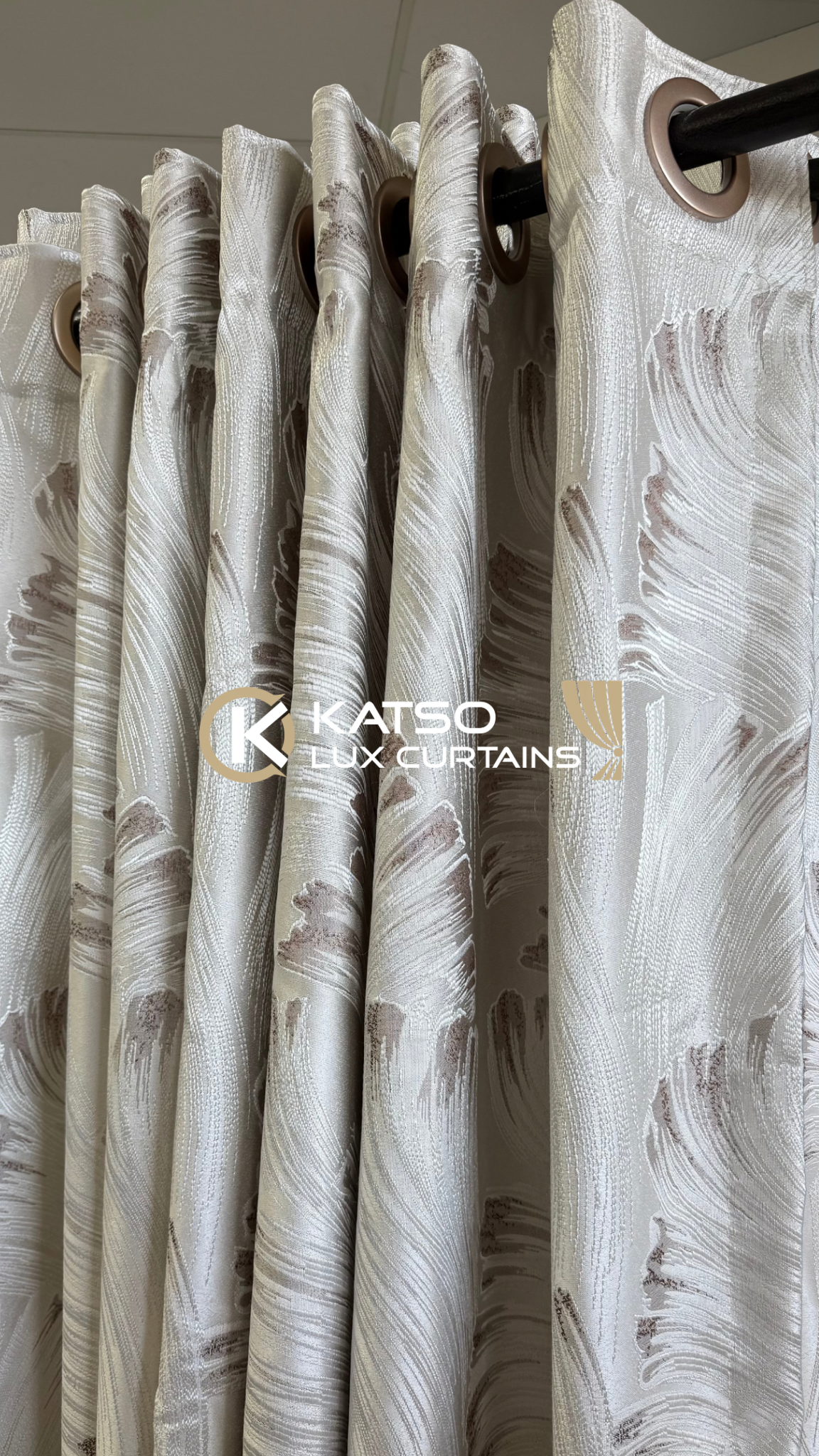 Vuyo Made-to-Measure Curtain, Ivory with Taupe-Silver Pattern | Eyelet, Taped or Wave