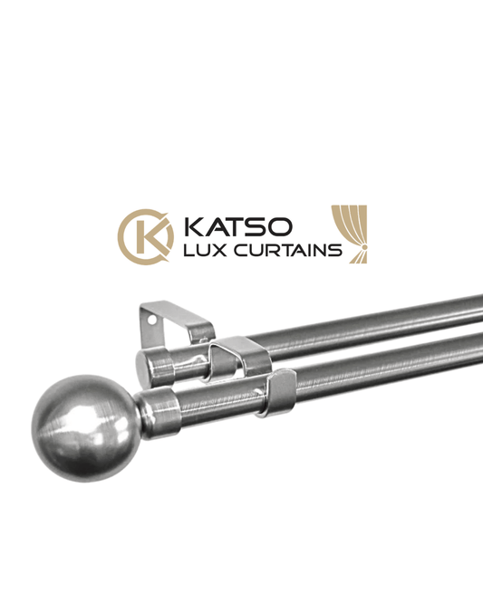Double Manual Curtain Rod Set With Ball Finials, Brushed Silver