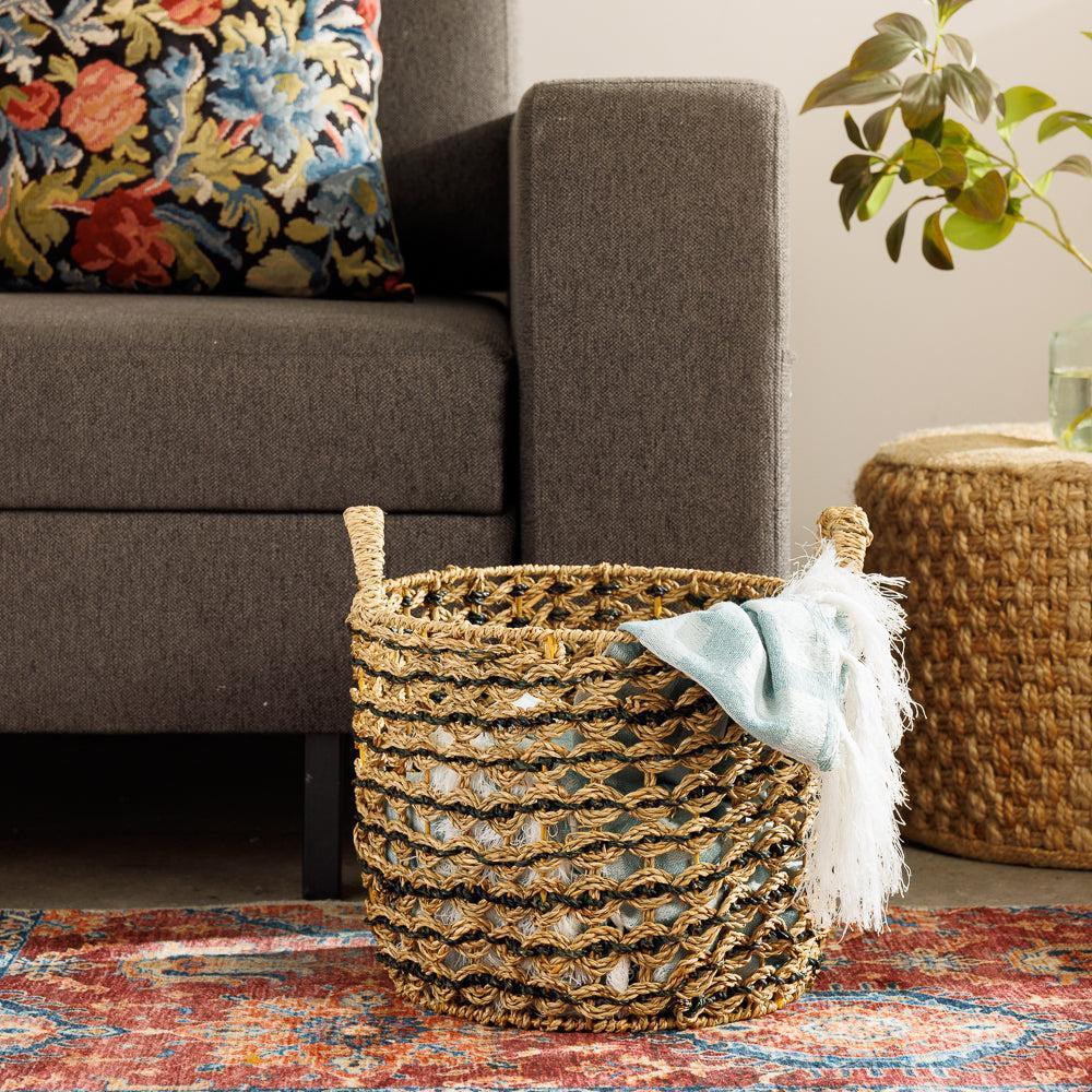 Home.Life Round Water Hyacinth Basket Twisted Weave Black-Storage Basket