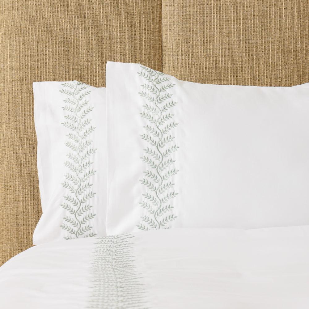 Whisper Soft Leafline 400 Thread Count 100% Cotton Embroidered Duvet Cover Set Sage on White-Duvet Cover Sets
