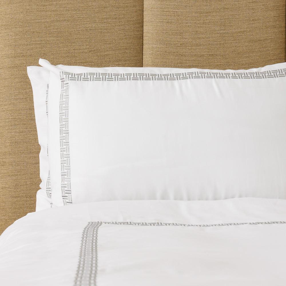 Whisper Soft Loomline 400 Thread Count 100% Cotton Embroidered Duvet Cover Set Grey on White-Duvet Cover Sets